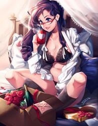 1girls bed blue_eyes bra breasts cleavage drink earrings female female_only friendship_is_magic glasses human humanized in_bed large_breasts lingerie long_hair loyproject my_little_pony panties purple_hair rarity_(mlp) sitting smile smooth_skin solo thighs