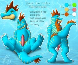 1boy alternate_color ass blue_skin feraligatr male model_sheet nintendo original_character paws penis pokemon pokemon_gsc reezythegarchomp scalie slit stripes tail text video_games water