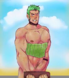 1boy abs artist_request bara bara_body bara_tiddies bara_tits barazoku beefy biceps big_dick_energy bigger_male censor_bar collarbone erect_penis erection frown frowning gay girthy_penis green_hair green_pubic_hair half-dressed handcuffed haramaki hard_cock horny horny_male hunk japanese_male looking_at_viewer male male_focus male_only manly masculine masculine_male muscular muscular_male one_piece pecs pectorals penis pretending_not_to_like_it pubic_hair public public_nudity roronoa_zoro scar scar_across_eye scar_on_chest scar_on_face scars six_pack trapezius veins veiny_muscles veiny_penis