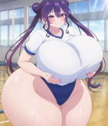 :> ai_generated blush curvy gigantic_breasts grabbing_own_breast gym gym_uniform holding_breasts hyper hyper_breasts kakunaru_ue_wa looking_at_viewer miyamoto_niina pink_nails revision stable_diffusion taut_clothes thick_thighs voluptuous wide_hips
