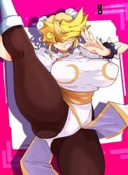 1girls 2026 alternate_color bandai_namco big_breasts blonde_hair bun_cover capcom chun-li_(cosplay) cosplay dclaret digimon female female_only flexible hair_buns leg_up lovelyangemon pantyhose smile solo spiked_bracelet splits standing_split street_fighter thick_thighs