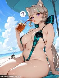 1girl ? ai_generated animal_ear_fluff animal_ears arlequin097 bare_shoulders beach beach_umbrella blue_sky bow breasts cat cat_ears cat_girl cloud collarbone cup day drink drinking drinking_straw facial_mark genshin_impact grey_hair hair_bow holding holding_cup hoyoverse ice ice_cube large_breasts long_hair looking_at_viewer low_ponytail lynette_(genshin_impact) mihoyo navel ocean one-piece_swimsuit outdoors purple_eyes sitting sky slingshot_swimsuit solo spoken_question_mark star_(symbol) star_facial_mark star_tattoo stomach swimsuit thick_thighs thighs umbrella