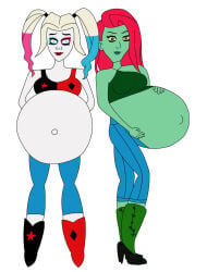 2girls 2pregnancy batman_(series) blonde_hair blonde_hair_female dc_comics green_skin green_skinned_female harley_quinn harley_quinn_(series) lesbian poison_ivy pregnant pregnant_belly pregnant_female red_hair red_hair_female