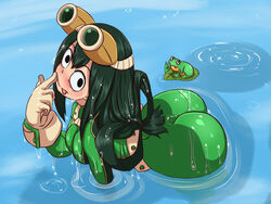 1girls ass ass_focus big_ass big_breasts big_butt blush bodysuit bottom_heavy bubble_ass bubble_butt busty butt_focus clothed clothing dat_ass female female_only frog frog_girl hero_outfit_(mha) huge_ass huge_breasts kibazoku large_ass looking_at_viewer my_hero_academia partially_submerged pond skin_tight solo teenager thick_ass tsuyu_asui water