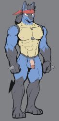 abs absurd_res accessory balls blush blush_lines generation_4_pokemon genitals headband headband_only hi_res humanoid_genitalia humanoid_penis jrjresq lucario male muscular muscular_male nintendo nipples nude pecs penis pokemon pokemon_(species) spikes