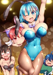4girls animal_ears armpits arms_up belly belly_button big_breasts blue_eyes blue_hair boobs_pressed bow bowtie breasts breasts_press breasts_pressed_against_partner brown_hair bunny_ears bunny_girl bunnysuit cheerful cleavage closed_eyes collar cowboy_shot detached_collar detached_head disembodied_head dog_collar drill_hair drill_sidelocks dullahan ear_fins face_against_breast fake_animal_ears fins gradient_background hair_ribbon head_fin holding holding_head holding_leash holding_object kagerou_imaizumi kawatare kimono kogasa_tatara large_breasts leash legs_up leotard long_hair looking_at_viewer merfolk mermaid multiple_girls navel navel_visible_through_clothes open_mouth pantyhose playboy_bunny red_eyes red_hair ribbon sekibanki short_hair smile smiley_face smiling smiling_at_viewer sparkle sparkles stable_diffusion standing_on_one_leg stomach strapless thick_thighs thighs touhou wakasagihime werewolf white_eyes wide_hips wide_thighs wolf wolf_ears wolf_girl