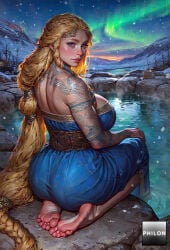 1girls ai_generated arm_tattoo ass aurora back bare_shoulders barefoot blonde_hair blue_dress blue_eyes blush braid breasts dress feet from_behind god_of_war large_breasts lips long_hair looking_at_viewer looking_back mountain night nose onsen outdoors philon shoulder_tattoo sif_(god_of_war) sitting sky snow soles solo stable_diffusion strapless tattoo toes very_long_hair water wet wet_clothes