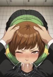 1boy 1girl1boy 1girls ai_generated bike_shorts blowjob blush blushing brown_eyes brown_hair clothed cum cum_drip cum_in_mouth cum_in_nose eye_contact fellatio forced forced_oral hanamura_yousuke hand_on_head head_grab irrumatio jacket looking_at_viewer one_eye_closed persona persona_4 satonaka_chie school_uniform secretly_loves_it skirt spats tomboy track_jacket username37372