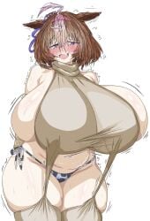 awkward_smile belly belly_button big_breasts blush bob_cut breasts_bigger_than_head breasts_peeking_out_of_shirt breasts_popping_out brown_hair busty busty_female cow_print_panties curvy curvy_female hair_between_eyes horse_ears horse_girl meisho_doto_(umamusume) short_hair sweater thick_thighs thighhighs txlyre umamusume umamusume_pretty_derby wide_hips