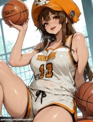 1girl ai_generated arlequin097 ball bare_shoulders basketball basketball_(object) basketball_uniform bike_shorts_under_shorts blush breasts brown_eyes brown_hair guilty_gear guilty_gear_strive hat holding holding_ball large_breasts long_hair looking_at_viewer may_(guilty_gear) open_mouth orange_eyes orange_headwear patreon_username short_shorts shorts sideboob sitting skull_and_crossbones smile solo sportswear sweat thighs white_shorts