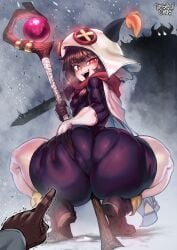 1boy 1girls 2d ass bottom_heavy brown_hair clothed clothed_female female female_focus kono_subarashii_sekai_ni_shukufuku_wo! light-skinned_female light_skin looking_at_viewer looking_back megumin megumin_(winter_outfit) red_eyes shortstack tag tagme thegoldensmurf thighs