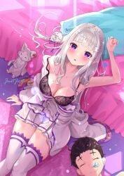 1boy 1girls 2d 2d_(artwork) 2d_artwork :o anime anime_character arm_up armpit armpit_crease armpit_peek armpits bedroom bedroom_background bedroom_scene bedroom_setting black_bra black_underwear blue_pupils blunt_bangs blush_face blushing blushing_at_viewer blushing_female bra breasts cat cleavage clothes collarbone digital digital_art digital_drawing digital_drawing_(artwork) digital_media digital_media_(artwork) drawing dress elbows elf elf_ear elf_ears elf_female elf_girl emilia_(re:zero) eyebrows_visible_through_hair fanart female female_focus female_protagonist fingernails fingers flower flower_hair_ornament flower_in_hair flower_on_head flushed flushed_cheeks flushed_face frilled_legwear frilled_stockings frilled_thigh_highs frilled_thighhighs glistening_boobs glistening_breasts glistening_hair glistening_legs glistening_skin glistening_thighs glossy_breasts glossy_hair groin hair_ornament hair_ornaments hairless_armpits half_elf hand_up indoor indoor_background indoors interior_background justjast88 knees lace_bra lace_underwear laced_bra laced_underwear lean_figure legs_closed legs_together legwear long_hair looking_at_viewer looking_up looking_up_at_viewer male manga_character medium_breasts nail_polish nails narrow_waist open_mouth outfit parted_lips pink_fingernails pink_nail_polish pink_nails pointy_ears portrait purple-eyed_female purple_eyes re:zero_kara_hajimeru_isekai_seikatsu room room_background shaved_armpits shiny_breasts shiny_hair shiny_legs shiny_skin shiny_thighs shoulders silver-haired_female silver_eyebrows silver_hair silver_hair_female sitting skirt sleeping slender_body slender_waist slim_female slim_waist stockings thigh_highs thighhighs thighs thighs_together topwear underwear white_clothes white_dress white_fox_(studio) white_legwear white_outfit white_skirt white_stockings white_thigh_highs white_thighhighs white_topwear