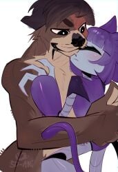 anthro blush cat cat_ears cuddling cyclops facial_scar gameoverse interspecies intimate looking_pleasured love malice_(gameoverse) naked_male otter petite robot_anthro scar suggestive