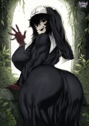 1girls ass big_breasts black_and_white black_eyes black_hair cross female looking_at_viewer looking_back looking_back_at_viewer monochrome muscular muscular_female nun nun's_habit nun_hat ramia-yana ramia_(ramia-yana) rear rear_view smile smiling smiling_at_viewer thegoldensmurf thick_ass thick_thighs