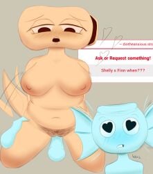 arms_behind_back big_breasts blushing blushing_female blushing_male bush chubby chubby_female cowgirl_position dandy's_world dintheanxious finn_(dandy's_world) fins heart_eyes object_head riding riding_penis roblox self_upload shelly_(dandy's_world) strawpage_request tail tailwag wagging_tail woman_on_top