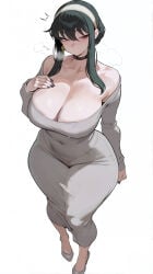 1girl ai_generated bare_shoulders black_hair breasts choker cleavage covered_navel curvaceous curvy curvy_figure dress female female_only heels huge_breasts large_ass large_breasts light-skinned_female light_skin long_hair nail_polish panties_visible_through_clothing pantylines red_eyes solo solo_focus spy_x_family standing thick_thighs voluptuous voluptuous_female wide_hips yor_briar yor_forger