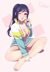 bottomless cleavage cozyheart female hoodie love_live! love_live!_sunshine!! matsuura_kanan sitting solo