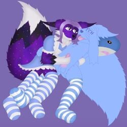 1:1 absurd_res ahegao anthro arctic_fox blahaj blue_clothing blue_legwear canid canine clothing duo fox hair handjob hi_res ikea legwear long_hair looking_pleasured maid_uniform male mammal myeluefurdie open_mouth pattern_clothing penile purple_body sex starry striped_clothing stripes thigh_highs true_fox uniform ych_(character)