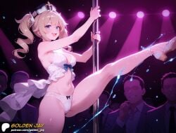 ai_generated barbara_(genshin_impact) big_ass big_breasts blonde_hair blue_eyes bra cameltoe comic english_text genshin_impact high_heels lingerie lingerie_only long_hair nightclub panties parody pole pole_dancing seductive stripclub stripper stripper_pole text