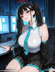 1girl ai_generated alternate_costume aqua_nails aqua_necktie arlequin097 bare_shoulders black_hair black_skirt black_sleeves blue_archive blue_necktie blush breasts chair collared_shirt cosplay detached_sleeves grin hair_ornament hairclip halo hatsune_miku_(cosplay) indoors keyboard_(computer) large_breasts long_hair long_sleeves looking_at_viewer miniskirt monitor nail_polish necktie night pleated_skirt red_eyes rio_tsukatsuki_(blue_archive) shirt sitting skirt sleeveless sleeveless_shirt smile solo thighs tsukatsuki_rio twintails very_long_hair white_shirt