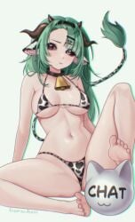 1girl 1girls absurdres animal_ears animal_print bell bikini black_collar black_sclera blue_eyes borschxo breasts closed_mouth collar colored_sclera commentary cow_ears cow_girl cow_horns cow_print cow_print_bikini cow_tail cowbell crelly english_commentary feet female green_hair grey_sclera hair_ornament hairclip heterochromia highres horns indie_virtual_youtuber large_breasts legs long_hair mismatched_sclera mole mole_under_mouth navel print_bikini red_eyes sitting soles solo swimsuit tail thighs tits toes virtual_youtuber vtuber white_background
