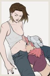 brown_hair ear_piercing female futa_on_female futanari hat one_breast_out oral painted_nails penis pink_hair shirt sitting unbuttoned_pants