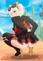 1girl anus anus_peek artist_name ass black_jacket black_tube_top blonde_hair blush breasts burnice_white crop_top hair_between_eyes hehil_art high_heels huge_ass looking_at_viewer mature_female open_mouth orange-tinted_eyewear red-tinted_eyewear solo squatting sunglasses thick_thighs thighhighs thighs v zenless_zone_zero