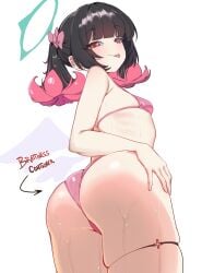 1girl ass ass_focus black_hair english_text from_below gen_(unzzenasd) huge_ass long_hair looking_at_viewer micro_bikini nangong_yu_(zenless_zone_zero) pink_bikini pink_eyes pink_hair solo tongue_out twintails zenless_zone_zero