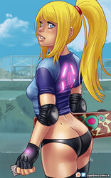 1girls ass blonde_hair blue_eyes breasts cleavage condom female female_only fingerless_gloves metroid nintendo pablocomics ponytail samus_aran skateboard solo