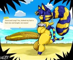 animal_crossing ankha ankha_(animal_crossing) areolae ass beach beach_background big_ass big_balls big_breasts big_butt big_nipples big_penis big_thighs blue_hair breasts color colored detailed_background dialogue dialogue_box duskizi futa_only futanari hi_res huge_cock huge_penis hyper_penis looking_at_viewer nipples penis ponytail precum purple_eyes solo solo_focus solo_futa tail tattoo yellow_body yellow_fur