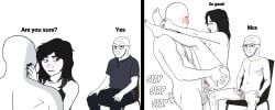 1girls 2boys are_you_sure balls breasts cheating_girlfriend clothing consensual_cuckold couple cuck_chair cuckold cum cum_in_pussy cum_inside dark_hair dialogue english_text female grabbing_ass large_penis masturbating_cuck masturbation meme netorare nipples nude open_relationship outervoid penis pussy self_upload sex small_penis standing_sex text vaginal_penetration voyeur voyeurism watching_masturbation wojak