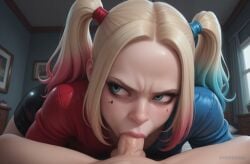 1boy 1girl ahe_gao ai_generated blonde_hair blue_eyes blue_hair close-up dc_comics deepthroat face_focus face_tattoo fellatio harley_quinn heavy_blush looking_at_viewer multicolored_hair oral penis pink_hair red_eyes saliva syngornai tagme tiny_penis twintails video