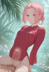 ai_generated cowgirl_position cum golden_eyes mei_(jigokuraku) pink_hair sex skinny small_breasts vaginal_penetration