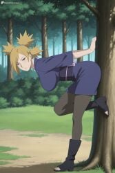 1girl ai_generated bent_over black_footwear blonde_hair boots breasts bush closed_mouth day digitalwaifugallery forest full_body grass hi_res high_quality high_resolution japanese_clothes kimono large_breasts looking_at_viewer naruto outdoors pantyhose patreon patreon_username quad_tails sash seductive sexy solo standing standing_on_one_leg temari toeless_footwear tree uncensored watermark