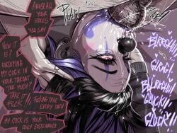 1boy 1girls 2026 balls black_hair clown clown_girl clown_makeup clown_nose deepthroat dialogue english_text eyelashes eyes_rolling_back female female_focus grey_skin hairy_balls light-skinned_male light_skin male oral original pink_eyes pubic_hair purple_hair rough_sex sex speech_bubble trouble_puddles_(turtlechan) turtlechan two-tone_hair veiny_eye very_high_resolution
