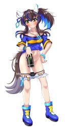 2d 2d_(artwork) belly convenient_censoring convenient_censorship daitaku_helios_(umamusume) holding_can holding_object horse_ears horse_girl horse_tail looking_at_viewer monster_can navel panties_down panties_down_privates_hidden standing tagme umamusume