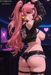 1girl ai_generated arms_up artist_name ass back bangs bare_shoulders belt black_choker black_jacket black_ribbon black_shorts black_thighhighs blurry_background breasts character_name choker clothes_lift clothing clothing_cutout cowboy_shot crop_top cropped_jacket cutoffs earrings female from_behind green_eyes grin hair_ornament hair_ribbon hairclip heart_earrings indoors jacket jewelry large_breasts legwear long_hair long_sleeves looking_at_viewer looking_back micro_shorts mole mole_under_eye nicole_demara nipples no_bra pink_hair ribbon shirt_lift short_shorts shorts shoulder_cutout single_thighhigh skindentation smile solo standing thigh_strap thighhighs thighs torn_clothes torn_thighhighs two_side_up vantawaifu very_long_hair zenless_zone_zero