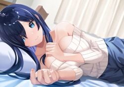 1girls bed bedroom blue_hair blush breasts cleavage clothed female female_only hair_over_one_eye highres large_breasts long_hair lying_on_bed lying_on_side on_bed original shimofuri_takenoko shirt shorts sweater