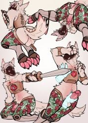 >w< ambiguous_gender anthro anus backsack balls butt disembodied_hand duo femboy flustered freakdan1el fur genitals handjob hi_res holding_melee_weapon holding_object holding_sword holding_weapon humanoid_genitalia humanoid_penis kneeling machine male male/ambiguous male_anthro melee_weapon pawpads paws penile penis petting pink_body pink_fur protogen rear_view sex simple_background sword upside_down weapon white_background white_body white_fur