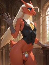ai_generated balls blaziken blush bottomless chastity_cage chastity_device clothed clothing eyeshadow femboy generation_3_pokemon genitals gesture makeup male nintendo pokemon pokemon_(species) solo topwear topwear_only waving yamadorux