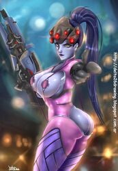 1girls alternate_version_available ass_cleavage butt_crack cameltoe cleavage curvy delta26 erect_nipples female gun huge_areolae huge_ass huge_breasts overwatch puffy_nipples thick_lips very_long_hair voluptuous wide_hips widowmaker