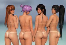 3d 4girls ayane_(doa) back_view dead_or_alive female harem human human_only kasumi_(doa) kokoro_(doa) kunoichi momiji_(ninja_gaiden) multiple_girls ninja_gaiden nude radianteld tanlines tecmo xps