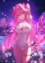 bare_legs big_breasts breasts chattino_(raora_panthera) cleavage hi_res hololive hololive_english hololive_english_-justice- jiang_ye_kiri large_breasts navel_visible_through_clothes official_alternate_costume one-piece_swimsuit panther_ears panther_girl panther_tail pink_hair raora_panthera swimsuit swimwear virtual_youtuber vtuber