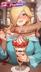 1boy 1girl 2026 ai_generated artist_name blonde_hair blue_eyes blush boobs breasts bust cake chest cock crown cum cum_on_body cum_on_breasts cum_on_clothes cum_on_hair cup dick erection facial food fruit hair_over_one_eye hetero hi_res high_quality highres long_hair mario_(series) nintendo patreon patreon_username penis pinkname princess_rosalina strawberry tits tongue tongue_out uncensored veiny_penis watermark