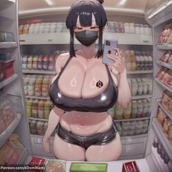 1boy 1girl 2026 2d absurd_res absurd_resolution absurdres ai_generated bare_shoulders black_eyes black_hair black_shorts blush breasts cellphone cheating chichi cleavage collarbone condom_box convenience_store covered_nipples curvy dragon_ball dragon_ball_(series) dragon_ball_fighterz dragon_ball_super dragon_ball_z food hair_bun hi_res high_quality high_resolution highres holding holding_phone huge_breasts image indoors looking_at_viewer mask milf mother mouth_mask navel netorare ntr patreon patreon_username phone plump rape raped raped_female selfie shop short_shorts shorts sidelocks smartphone solo sports_bra standing tattoo thighs uncensured watermark xdomikami