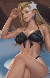 bikini blonde_hair crossed_legs dagger_(marvel) dagger_(marvel_rivals) marvel marvel_rivals nibelart swimsuit thick_thighs
