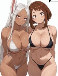 2girls ai_generated animal_ear_fluff animal_ears armpit_crease arms_behind_back bikini black_bikini blush boku_no_hero_academia breast_press breasts brown_eyes brown_hair closed_mouth collarbone hi_res high_quality high_resolution highres large_breasts legs_together light lips long_hair looking_at_viewer medium_hair midriff mirko my_hero_academia navel nose ochako_uraraka opal_nemy patreon_logo patreon_url patreon_username plain_background rabbit_ears rabbit_girl red_eyes rumi_usagiyama self_upload shadow shiny shiny_clothes shiny_hair shiny_skin side-by-side simple_background smile solo standing string_bikini swimsuit thick_thighs thighs uraraka_ochako watermark white_background white_bikini white_hair