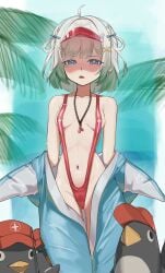 1girl 1girls ahoge alternate_costume animal_costume bird blue_background blue_eyes blunt_bangs blurry blurry_background blush border breasts bright_pupils commentary cowboy_shot densetsu.exe english_commentary fang female gluteal_fold gradient_hair green_hair grey_hair hair_intakes hair_ornament hairclip highres lanyard looking_at_viewer mint_fantome multicolored_hair navel open_mouth outside_border palm_leaf penguin red_visor_cap shark_costume sidelocks skin_fang slingshot_swimsuit small_breasts solo standing stomach swimsuit thigh_gap thighs virtual_youtuber visor_cap vtuber whistle whistle_around_neck white_border white_pupils yaki_iskute