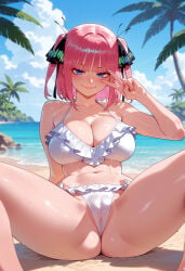 1girl 1girls ai_generated arm_behind_back arm_support ass balecxi bangs bare_legs barefoot beach bikini black_ribbon blue_eyes blue_sky blunt_bangs blush breasts butterfly_hair_ornament cameltoe cleavage closed_mouth clothing cloud cloudy_sky collarbone curvaceous curvaceous_female curvaceous_figure curvy curvy_figure day female female_focus frilled_bikini frills go-toubun_no_hanayome hair_ornament hair_ribbon halterneck inviting inviting_to_sex large_breasts leaning_back looking_at_viewer m_legs medium_hair nail_polish nakano_nino navel ocean outdoors palm_tree pink_hair presenting presenting_ass presenting_breasts presenting_hindquarters presenting_pussy presenting_self ribbon sand seductive seductive_look seductive_smile short_hair sitting sky smile solo spread_legs stomach swimsuit the_quintessential_quintuplets thighs tree two_side_up v v_over_eye voluptuous voluptuous_female water white_bikini white_swimsuit