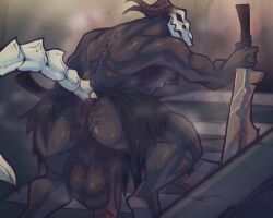 anthro armpit_hair ass ass_hair balls bara barazoku big_balls big_penis body_hair booneyard capra_demon dark_souls demon flaccid fromsoftware horns male male_only muscles muscular musk penis sirmonsterfucko skull skull_head solo solo_male